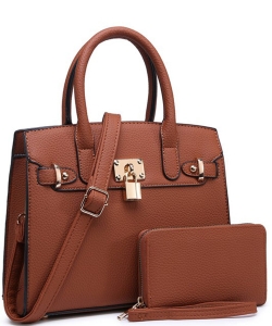 2in1 Fashion Padlock Satchel Handbag BC3621A BROWN